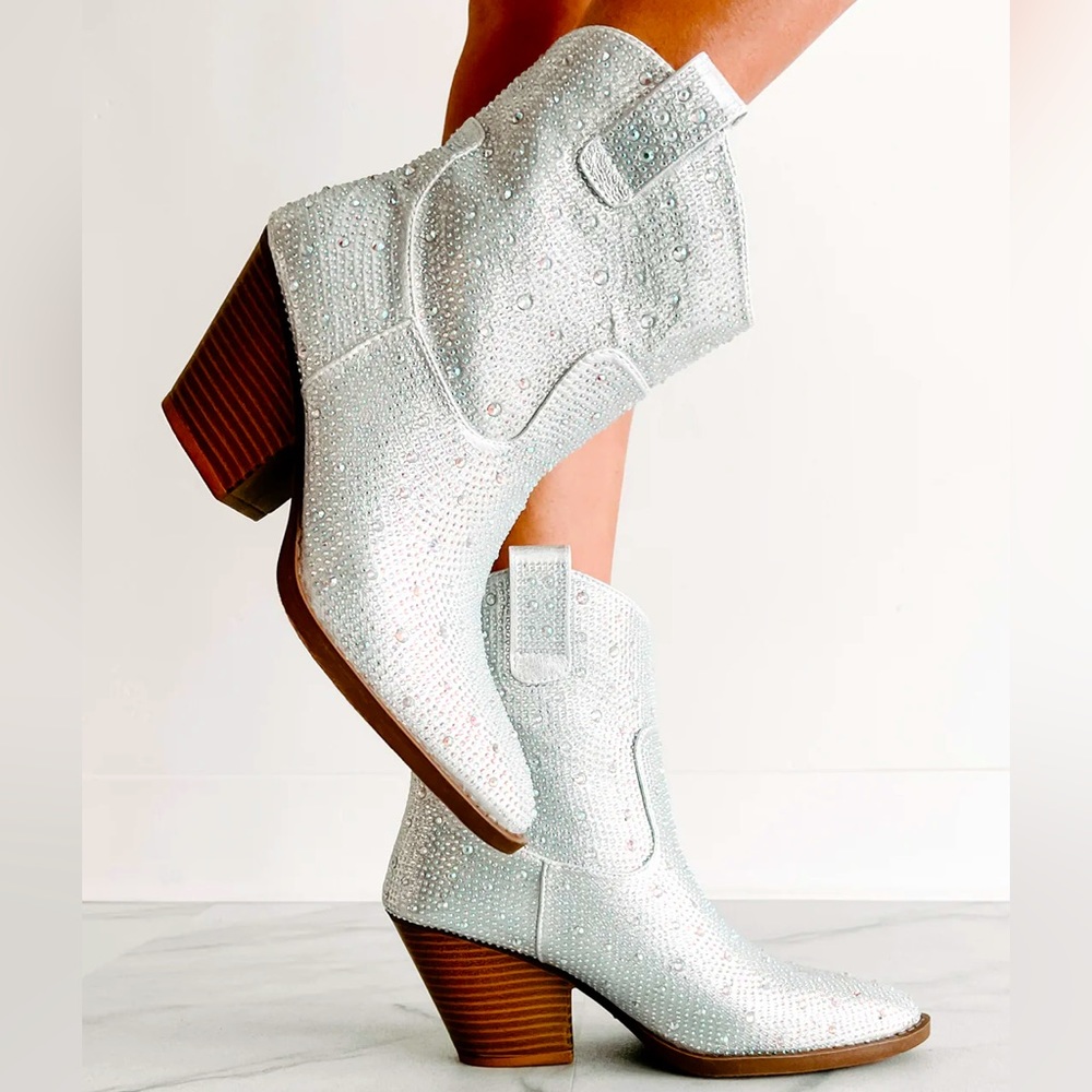 Crystal Embellished White Ankle Booties